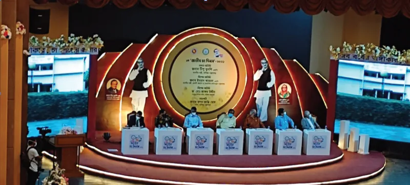 Award night stage with illuminated podium and trophy display